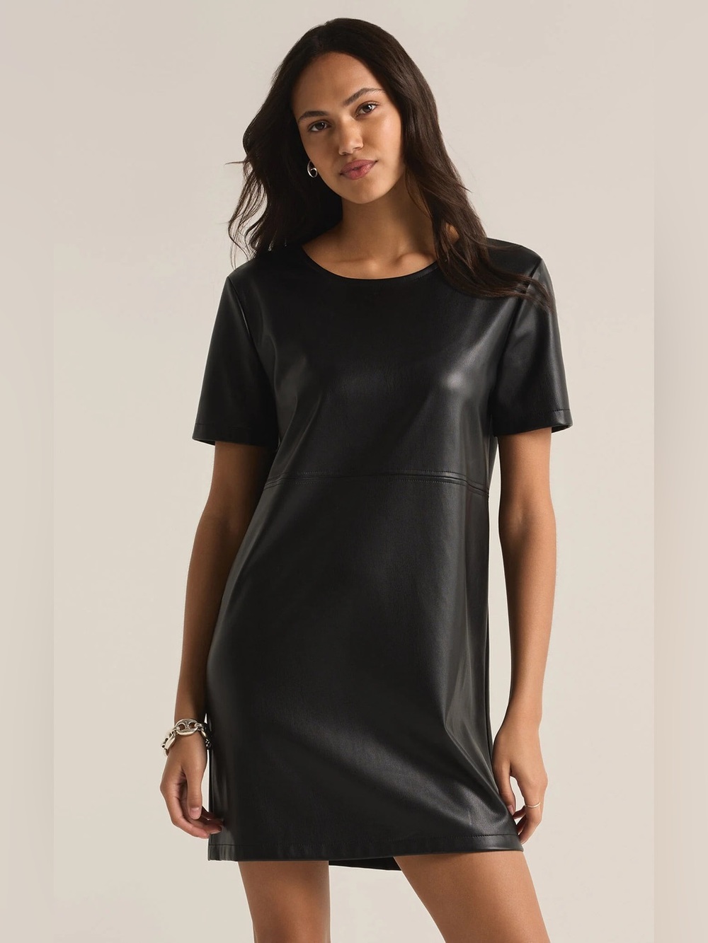 NWT Z SUPPLY London Faux Leather Dress Black Short Sleeve Mini Shift | XS
